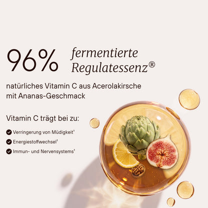 Regulatpro® Bio Ananas mit 96 Prozent fermentierter Regulates­senz und natürlichem Vitamin C aus Acerolakirsche.