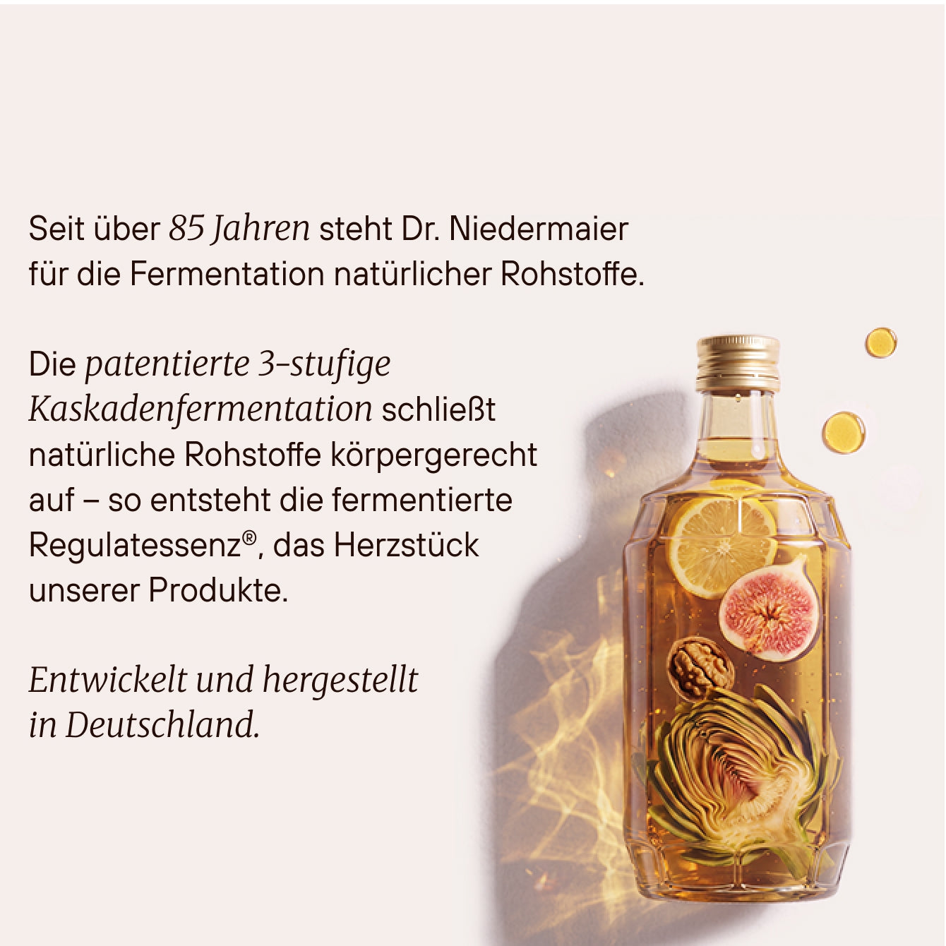 Entwickelt und hergestellt in Deutschland: Dr. Niedermaier Regulatenessenz® aus patentierter 3-stufiger Kaskadenfermentation natürlicher Rohstoffe.